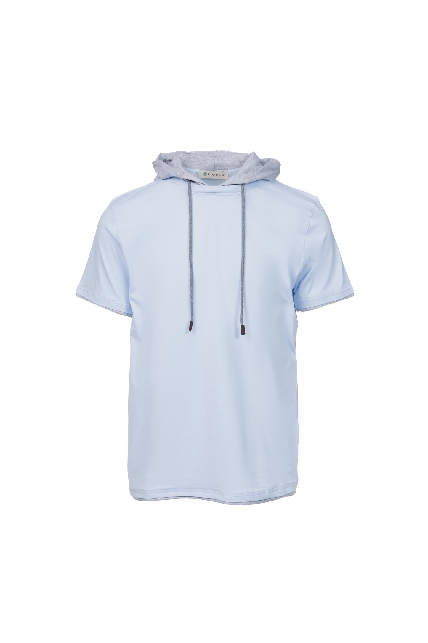 T-shirt in cotone con cappuccio e bordino a contrasto cielo