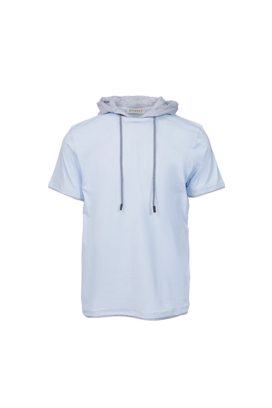 T-shirt in cotone con cappuccio e bordino a contrasto cielo