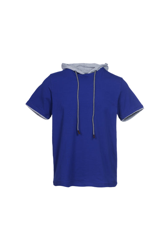 T-shirt in cotone con cappuccio e bordino a contrasto bluette