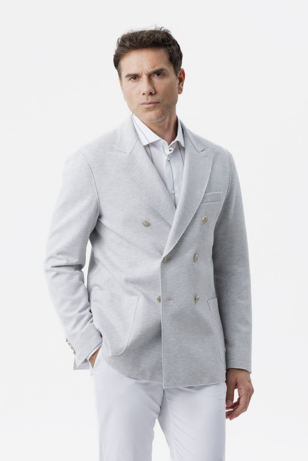 Giacca mezzo petto in cotone stretch con taglio vivo e tasche applicate grigio