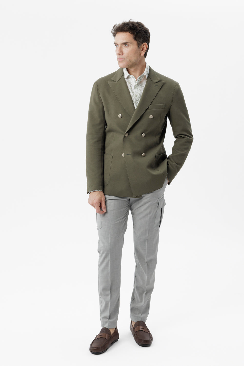 Giacca mezzo petto in cotone stretch con taglio vivo e tasche applicate verde militare