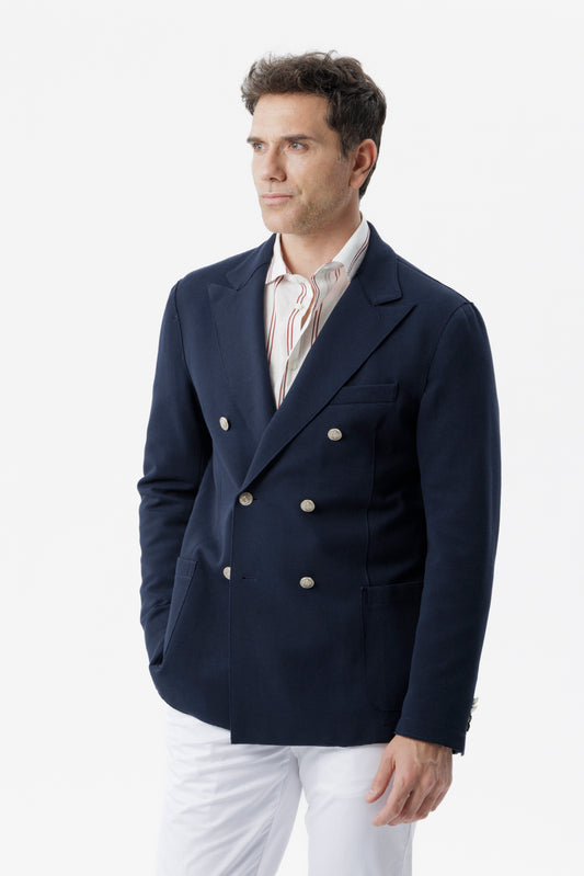 Giacca mezzo petto in cotone stretch con taglio vivo e tasche applicate blu