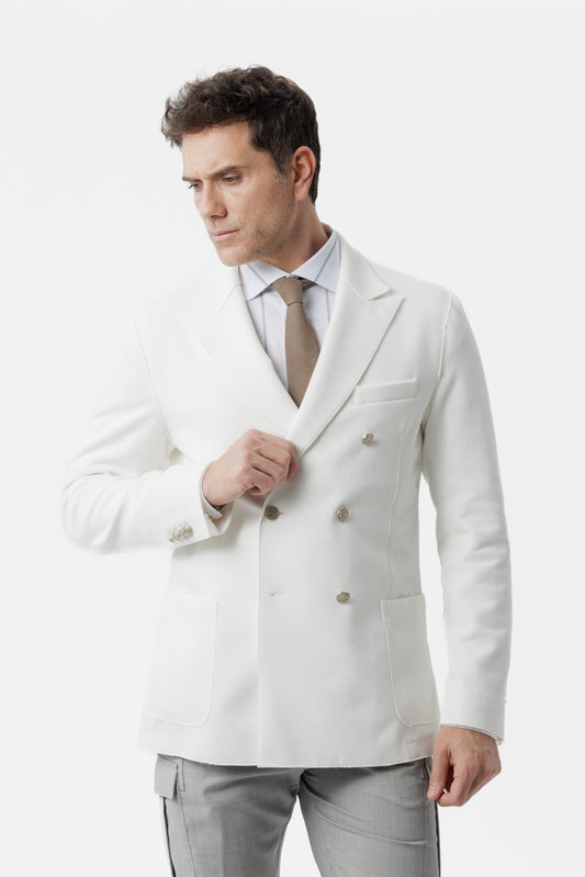 Giacca mezzo petto in cotone stretch con taglio vivo e tasche applicate panna