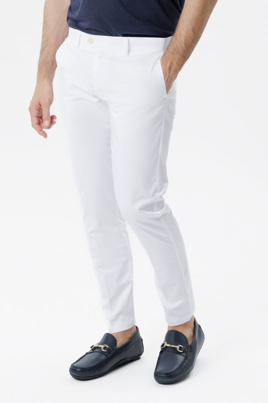 Pantaloni chino in cotone stretch con chiusura nascosta bianco
