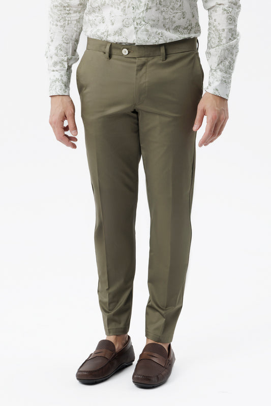 Pantaloni chino in cotone stretch con chiusura nascosta verde militare