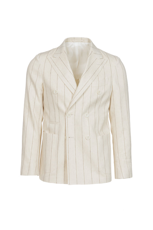 Giacca Venezia doppiopetto in lino e cotone gessata beige