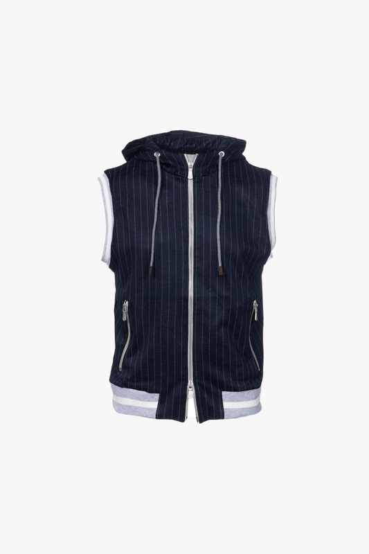 Gilet con cappuccio in lana vergine gessato blu